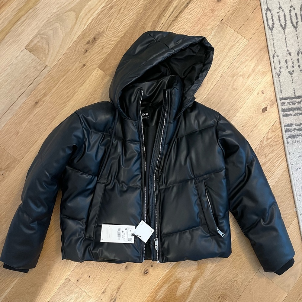 NWT Small Zara Black Faux Leather Puffer Jacket